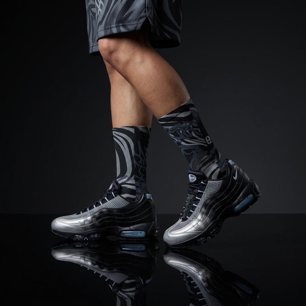 Palace x Air Max 95 Inspired Crew Socks – Metallic Silver Off Noir Cement Grey
