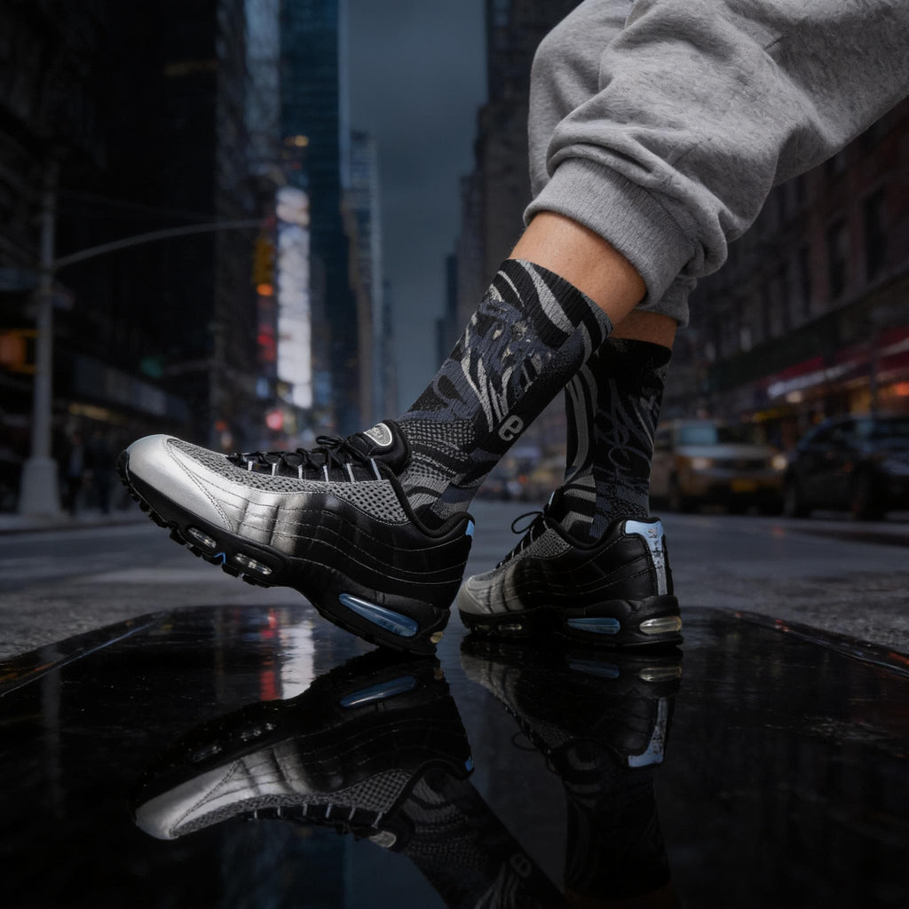 Palace x Air Max 95 Inspired Crew Socks – Metallic Silver Off Noir Cement Grey