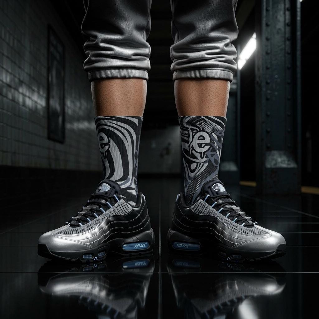Palace x Air Max 95 Inspired Crew Socks – Metallic Silver Off Noir Cement Grey