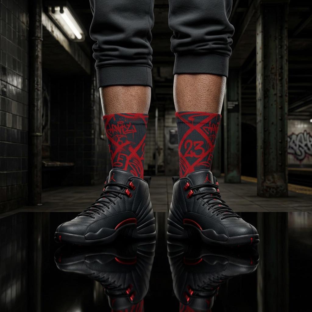 Matching Socks for Jordan 12 Retro Bloodline Off Noir inspired Design