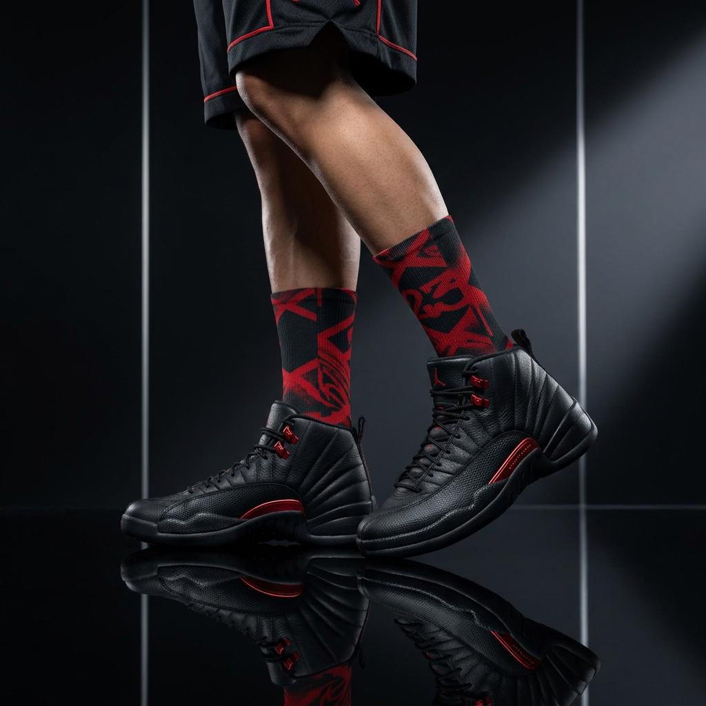 Matching Socks for Jordan 12 Retro Bloodline Off Noir inspired Design