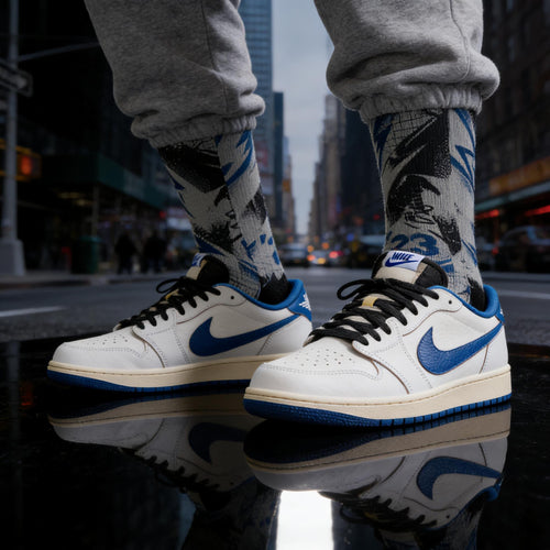 Fragment Design x Travis Scott Jordan 1 Socks: Sail Military Blue Lightning Print