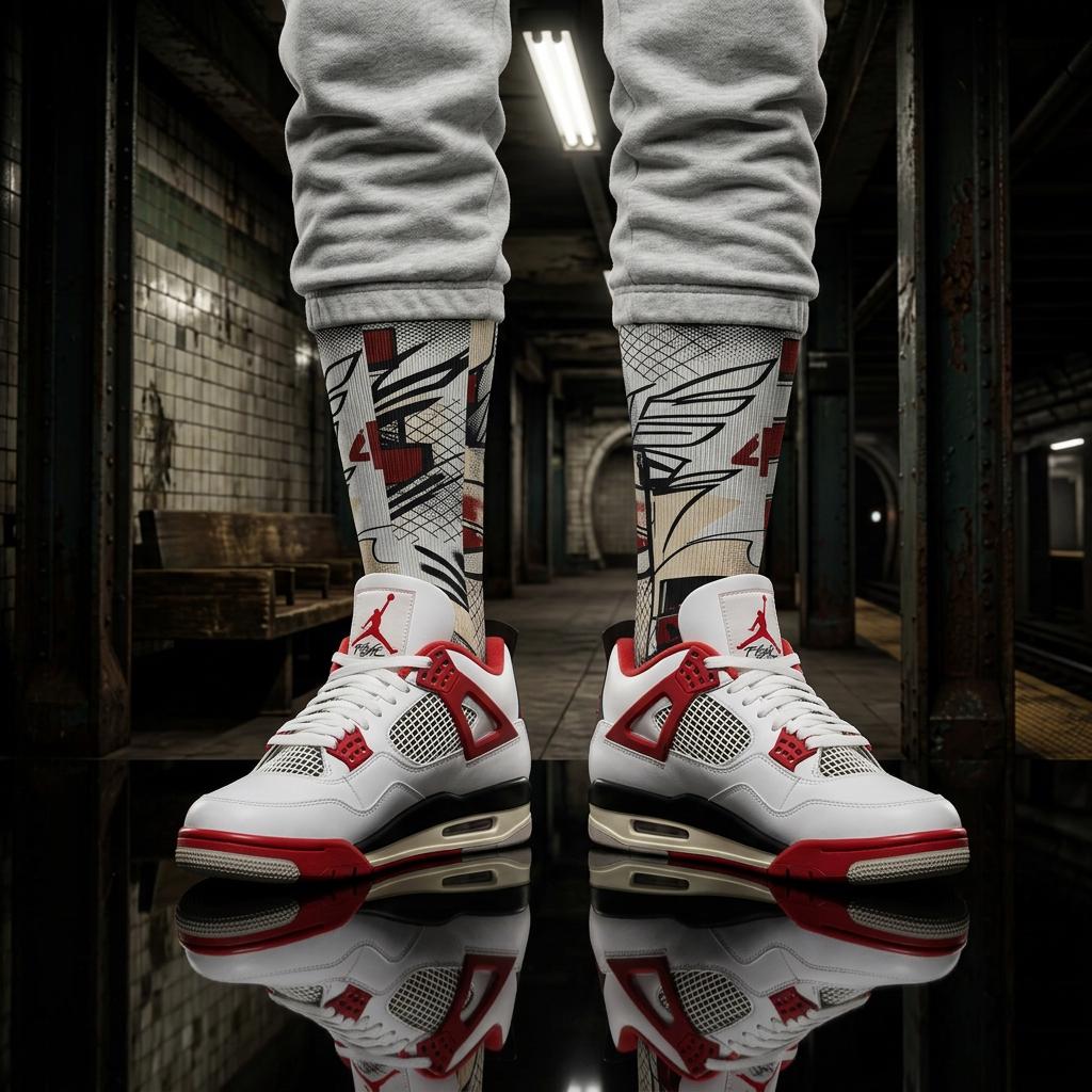 Jordan 4 'Brick After Brick' Inspired Crew Socks: Distressed Pattern, Street Culture Design