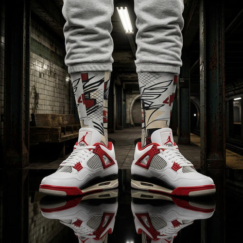 Jordan 4 'Brick After Brick' Inspired Crew Socks: Distressed Pattern, Street Culture Design