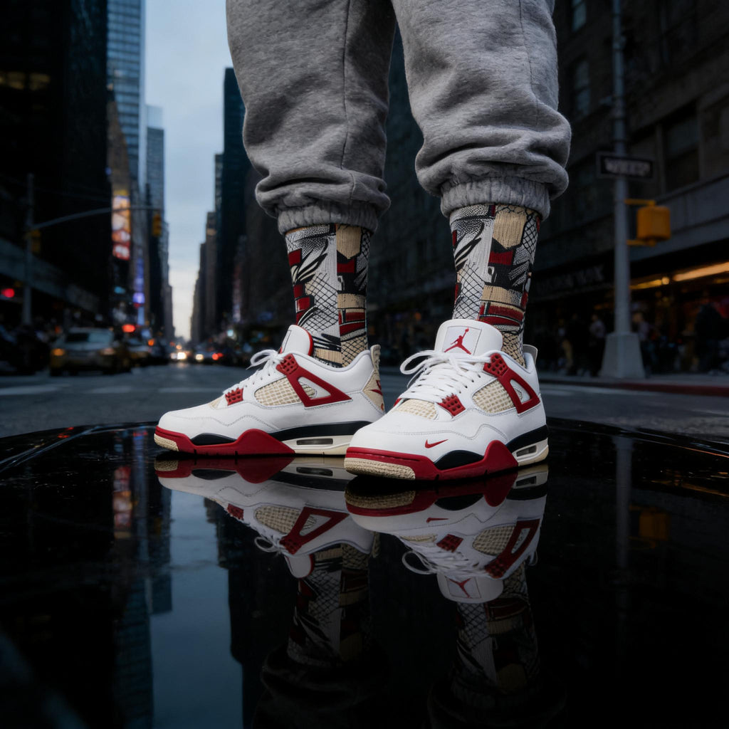 Jordan 4 'Brick After Brick' Inspired Crew Socks: Distressed Pattern, Street Culture Design